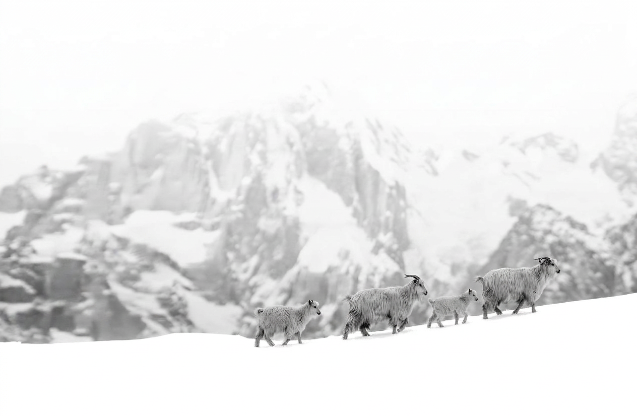 Pashmina goats walking through a snowy Himalayan landscape